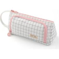 Kareli pembe fermuarlı kalem kutu